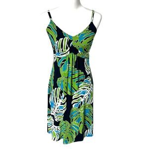 TOMMY BAHAMA Woman Small Green Blue Midi Dress Tropical Palm Island Beach Empire